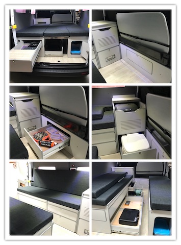 Collage de imágenes mostrando diferentes características y configuraciones de una furgoneta camper Ford Transit Custom.